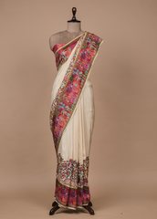 Cream Crepe Silk Embroidered Saree