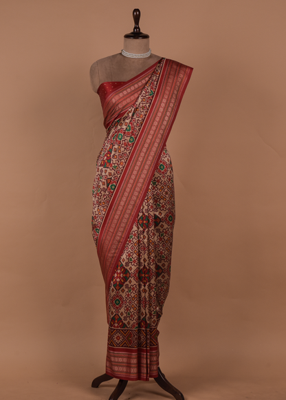 Cream Art Silk Printed Saree