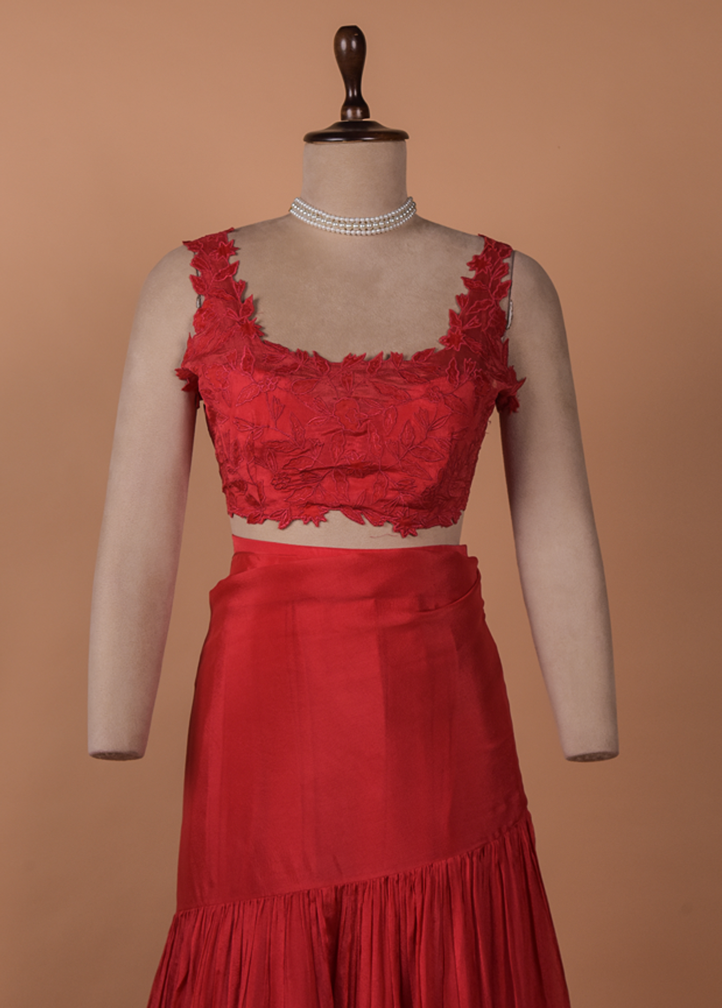 Red Crepe Satin Readymade Saree