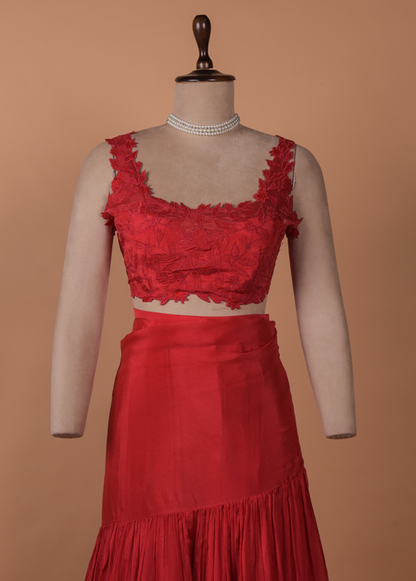 Red Crepe Satin Readymade Saree