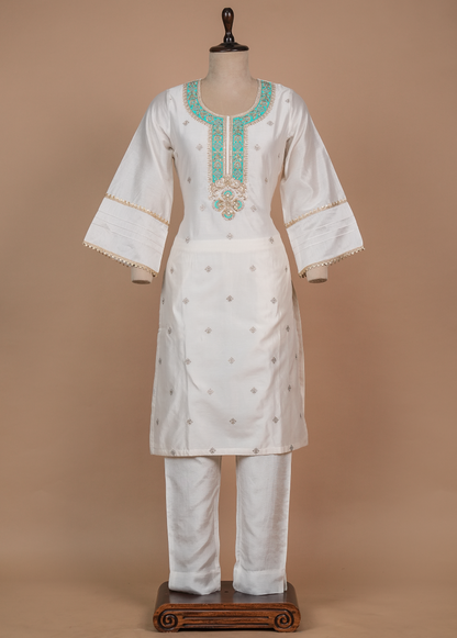 White Cotton Silk Straight Set