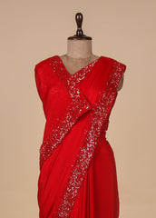 Red Chiffon Embroidered Saree