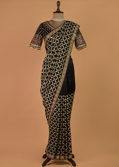 Black Hand Embroidered Crepe Silk Saree | Greenways