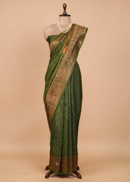 Green Tussar Silk Printed Saree