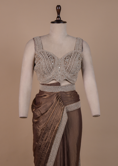 Brown Tissue Georgette Readymade Saree