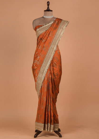 Orange Organza Embroidered Saree