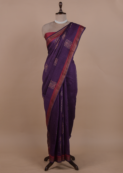 Purple Tussar Embroidered Saree