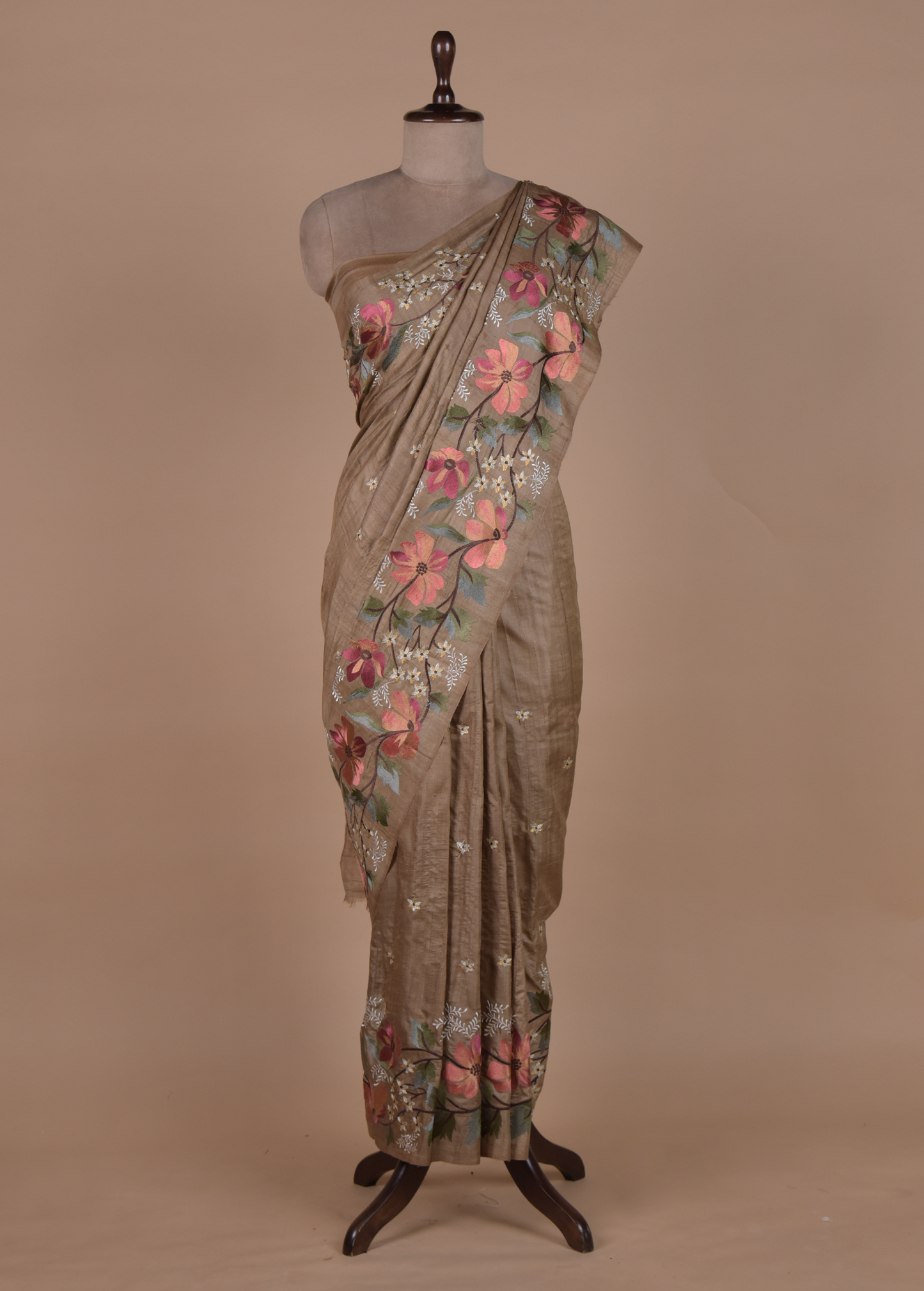 Brown Tussar Embroidered Saree