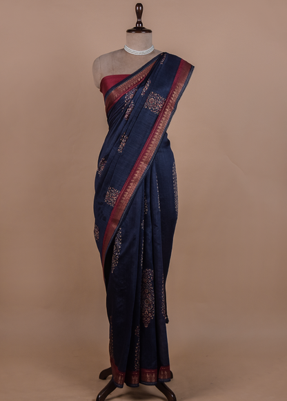 Blue Tussar Embroidered Saree