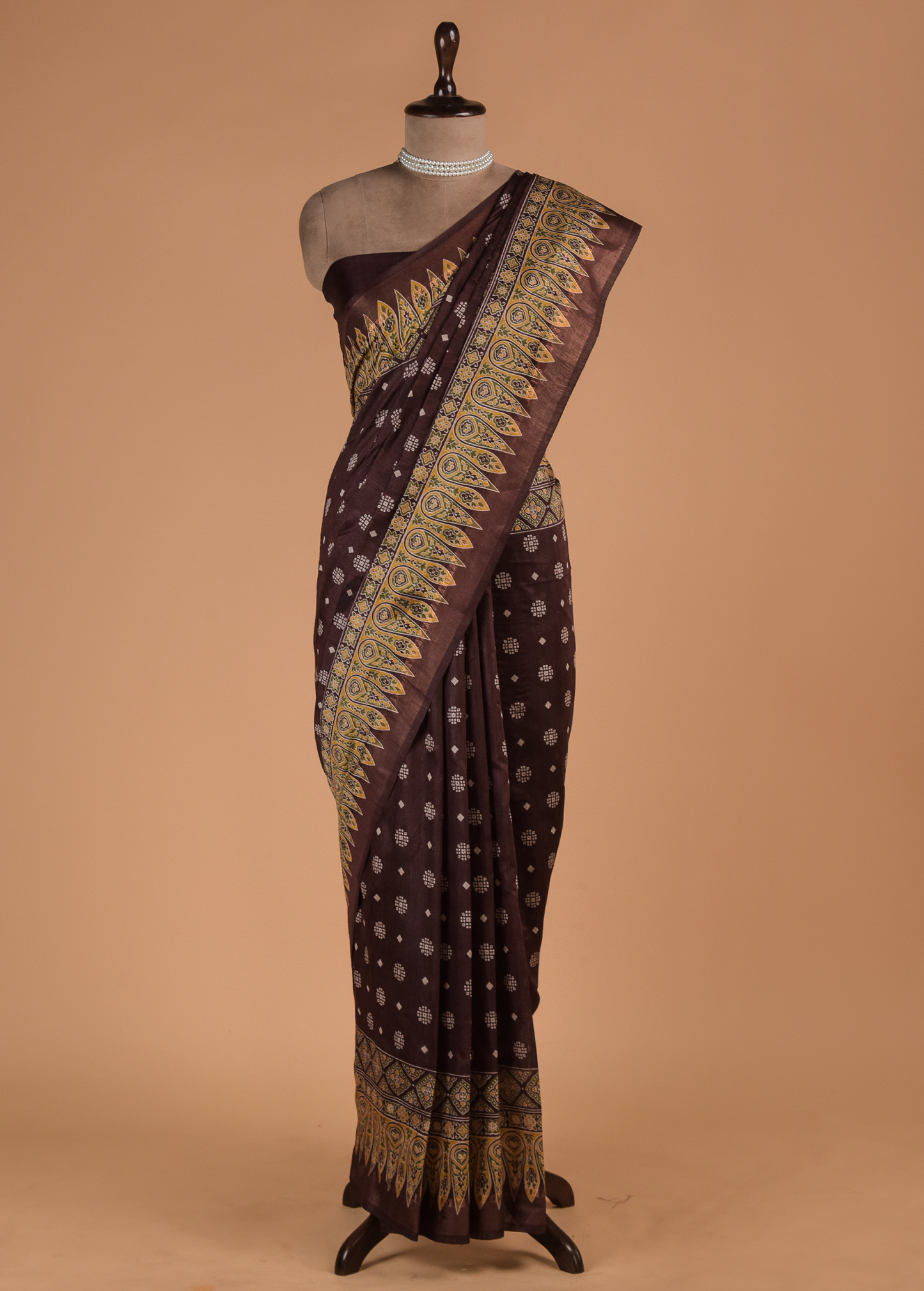 Brown Cotton Tussar Printed Saree