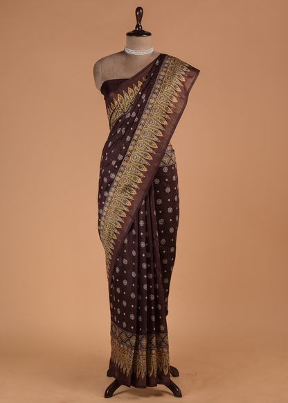 Brown Cotton Tussar Printed Saree