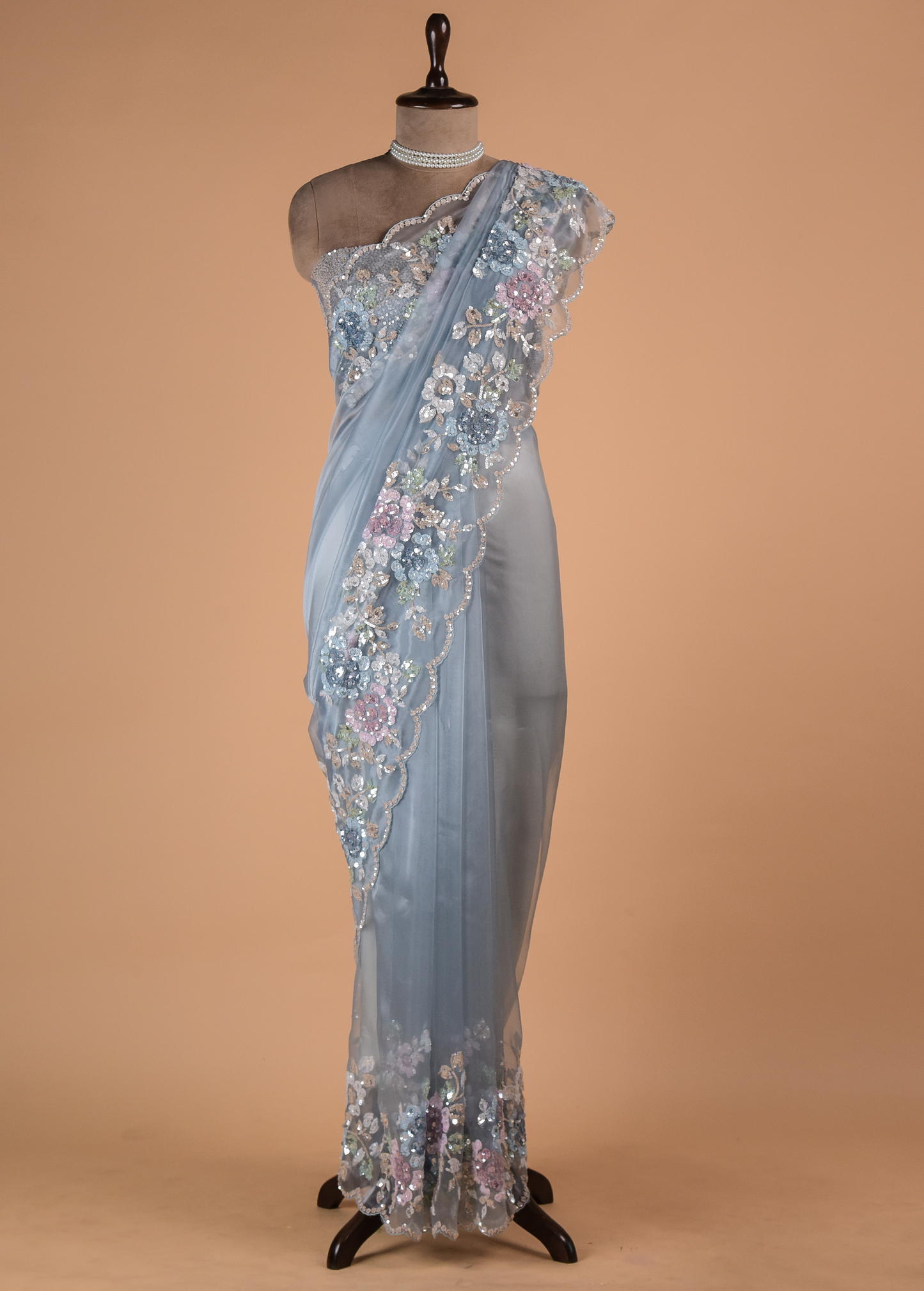 Blue Glass Tissue Embroidered Saree