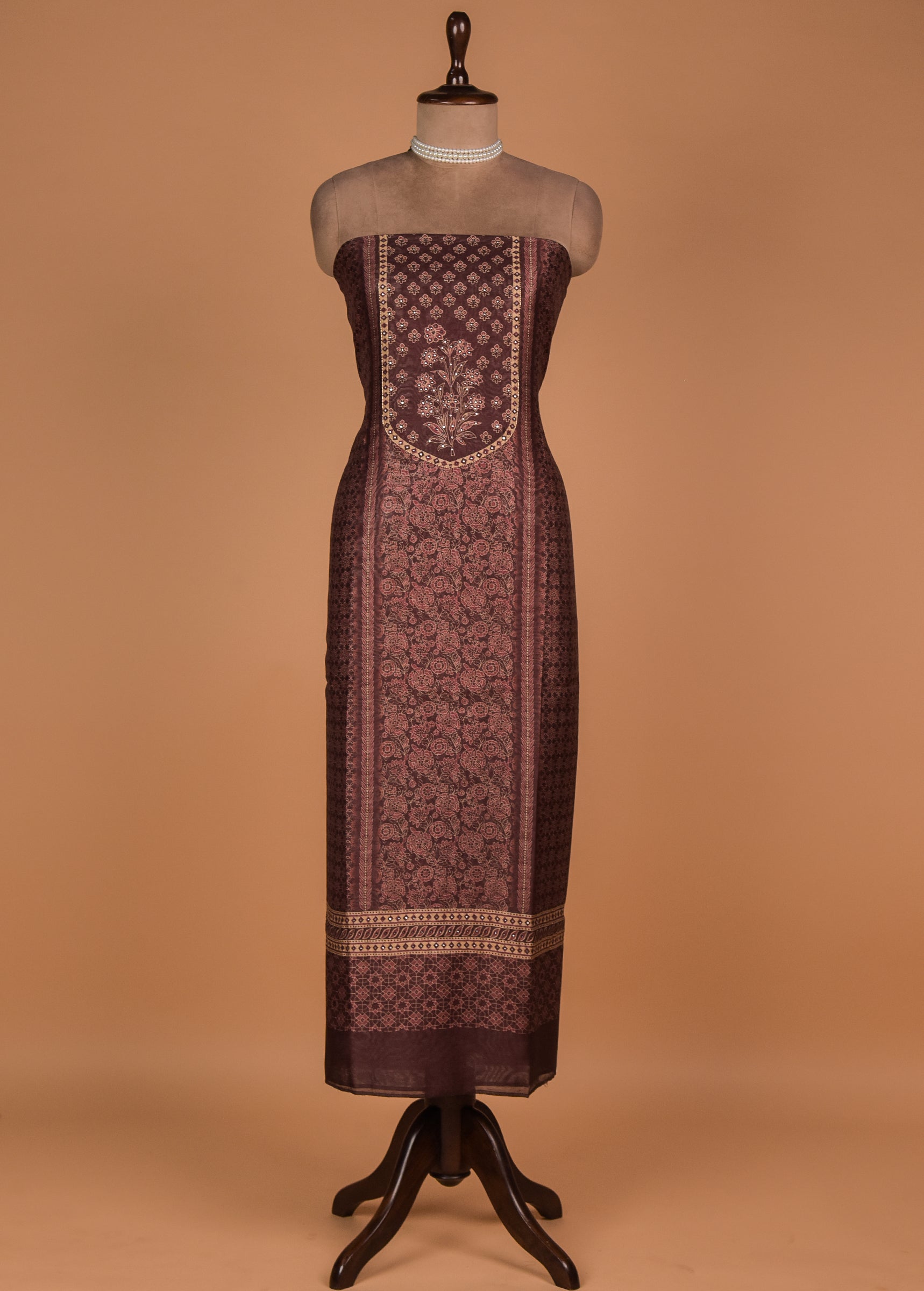 Wine Tussar Cotton Dress Material