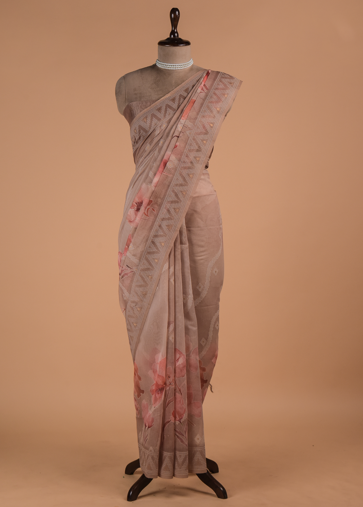 Beige Cotton Printed Saree