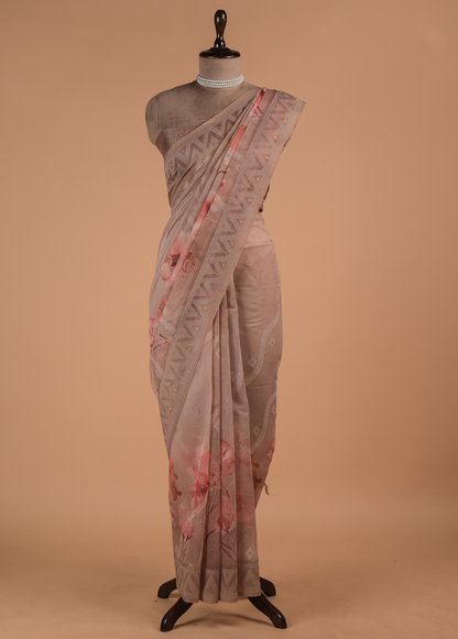 Beige Cotton Printed Saree