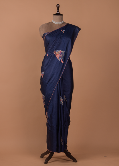 Blue Tussar Embroidered Saree