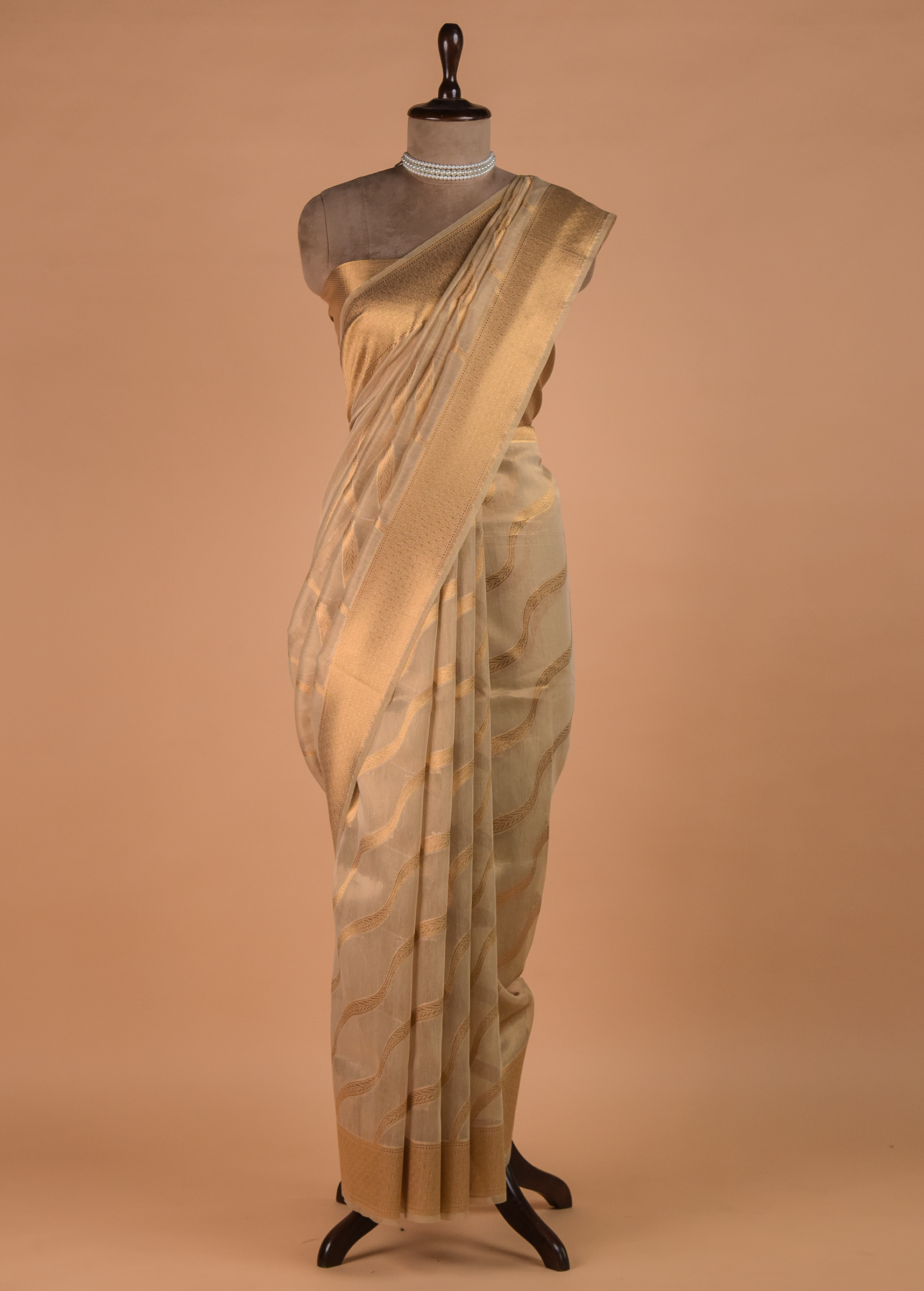 Golden Hand Embroidered Banarasi Saree - Image 3 | Greenways Delhi