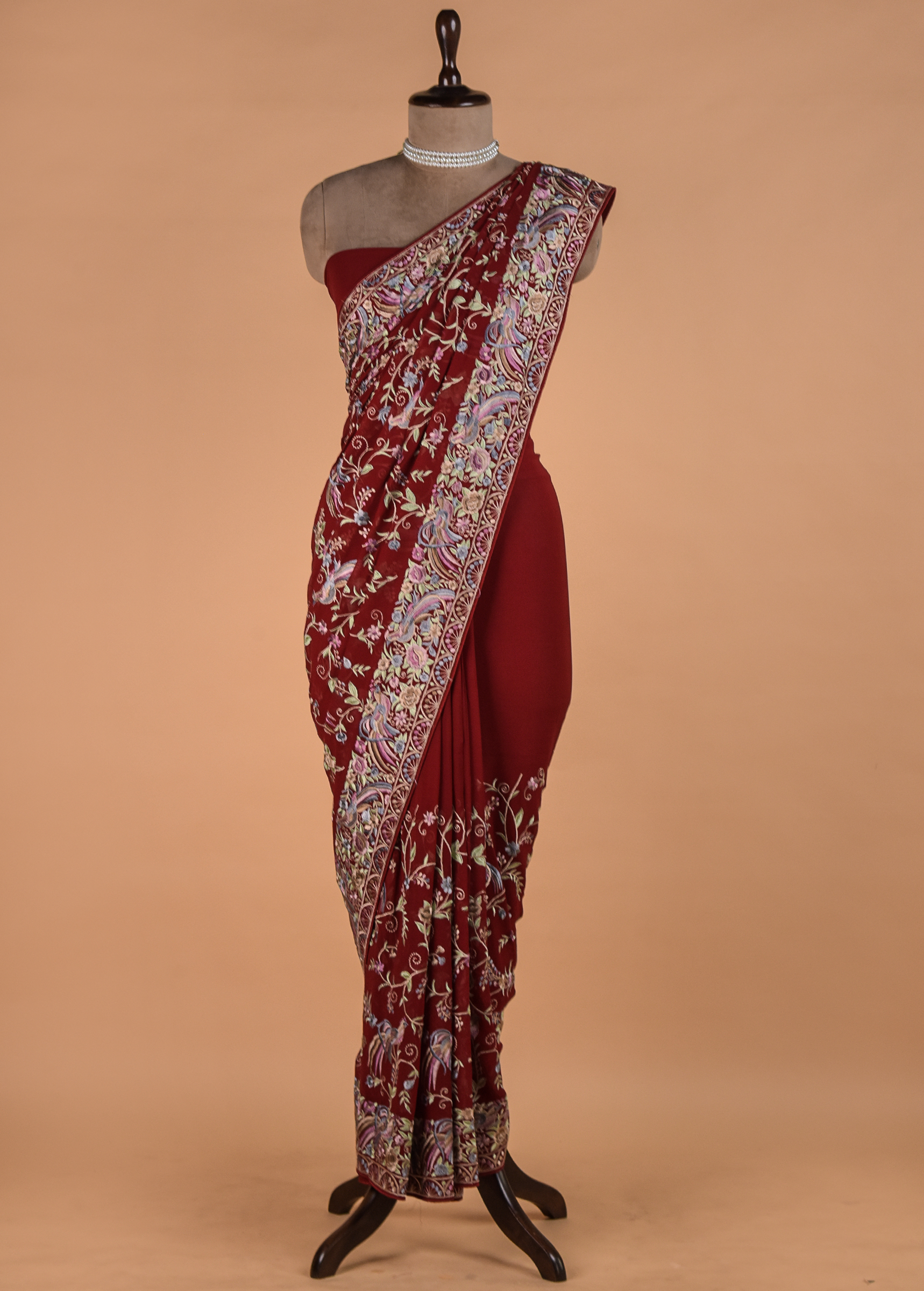 Red Hand Embroidered Georgette Saree - Image 3 | Greenways Delhi