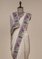 Cream Crepe Silk Embroidered Saree