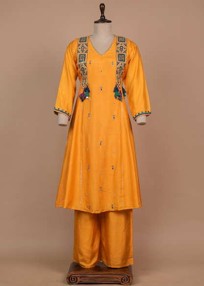 Yellow Cotton Silk Straight Set