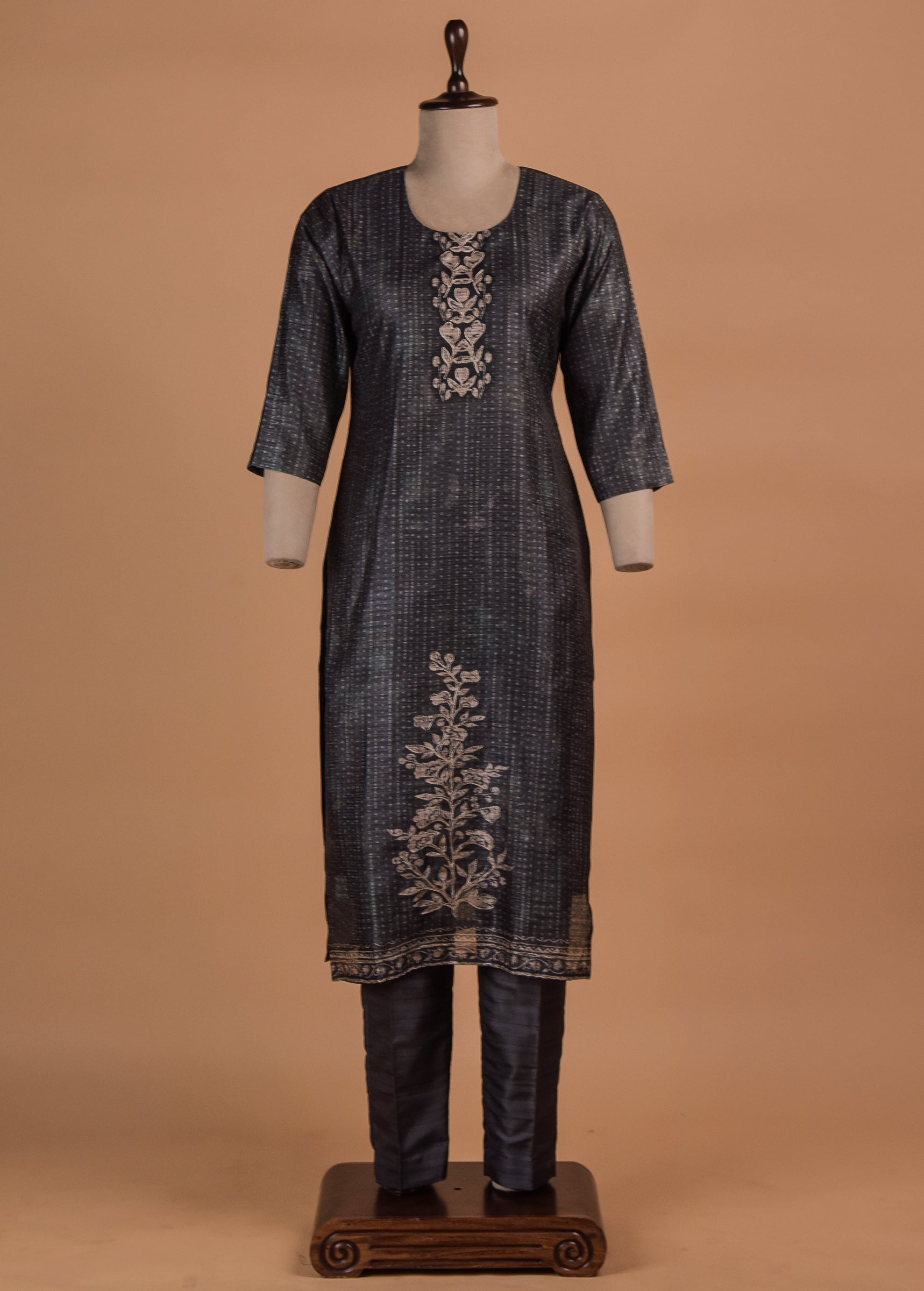 Grey Cotton Silk Straight Set
