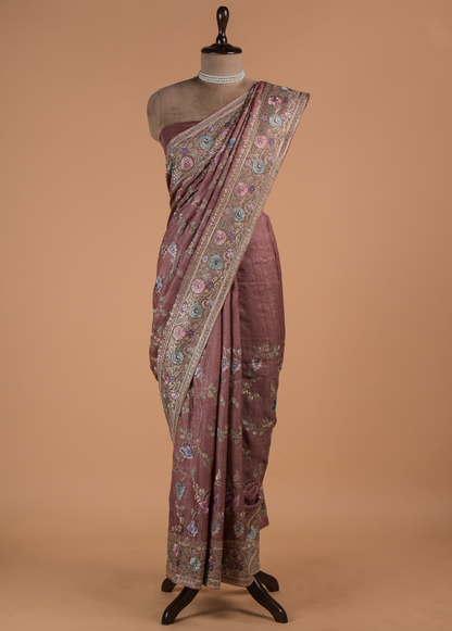 Peach Organza Embroidered Saree