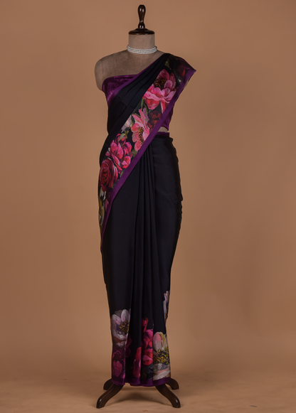 Black Satin Printed Saree