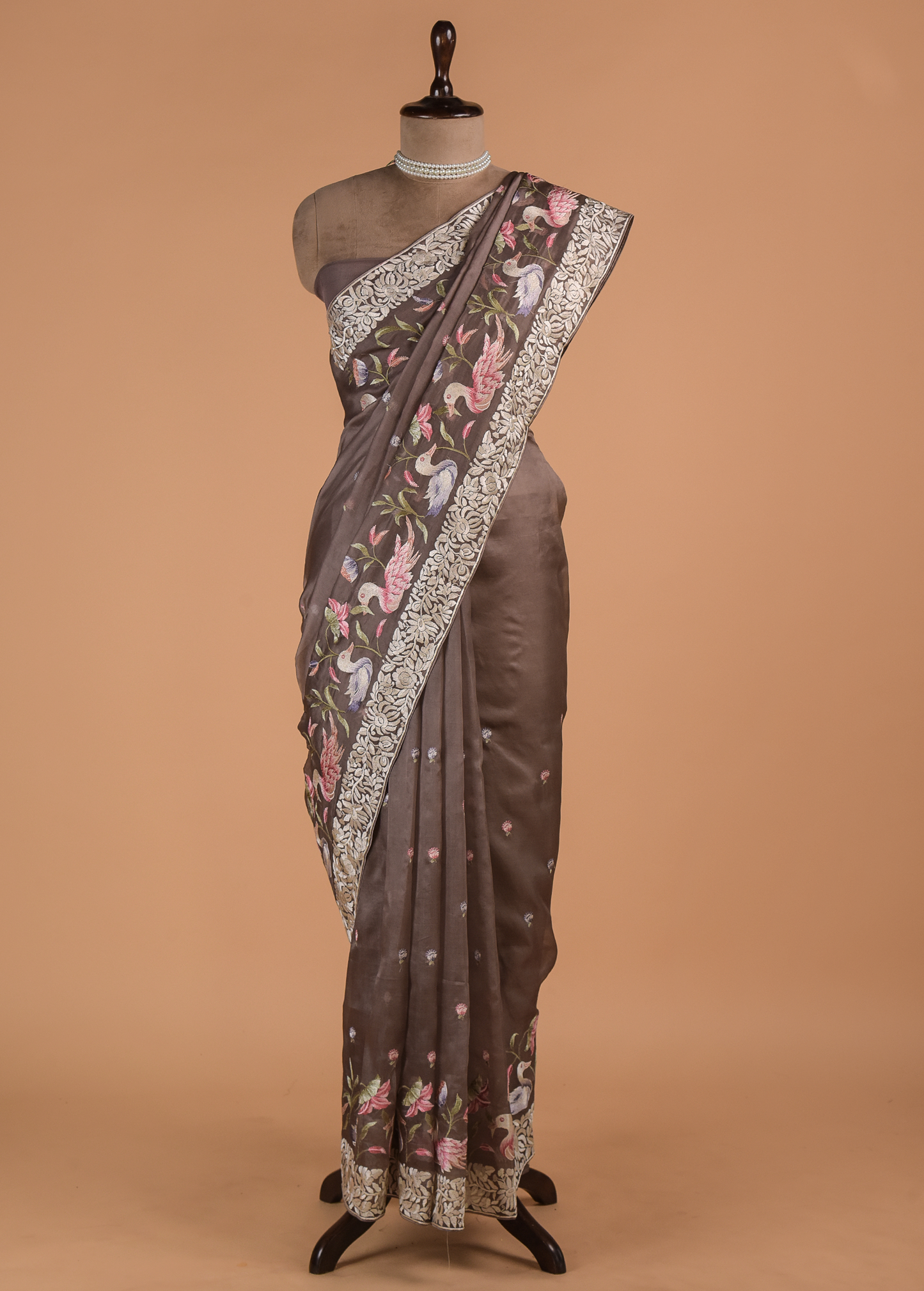 Brown Organza Embroidered Saree
