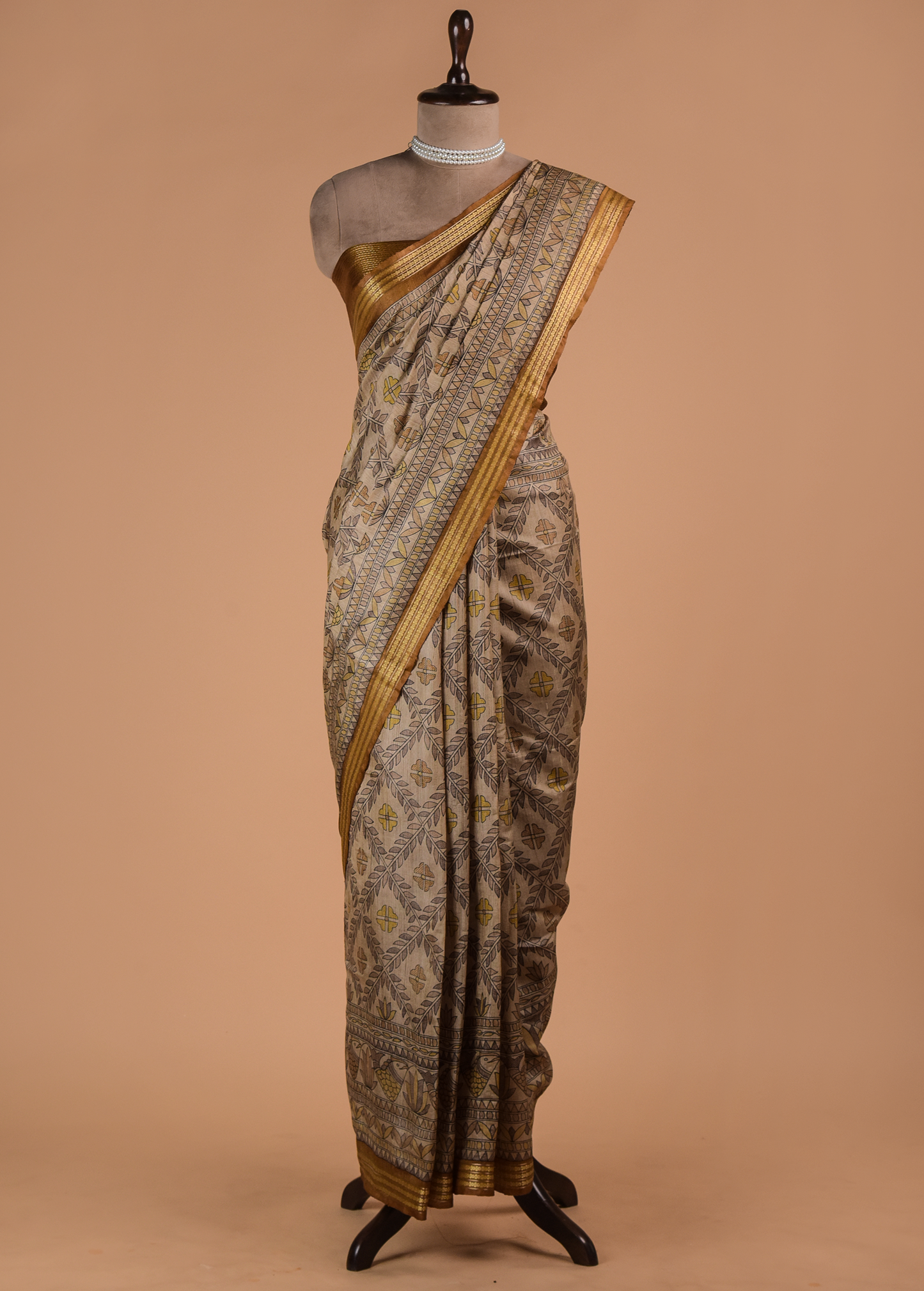 Mustard Tussar Printed Saree