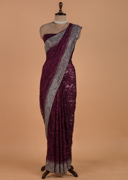 Wine Chantily Lace Embroidered Saree