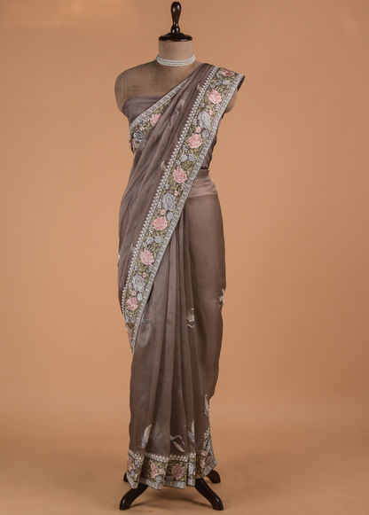 Brown Organza Embroidered Saree