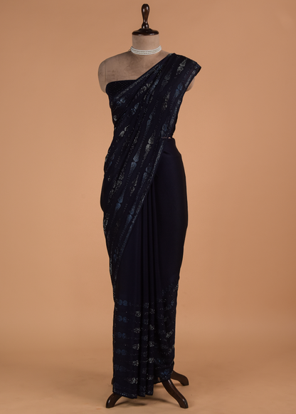 Blue Chinon Crepe Embroidered Saree