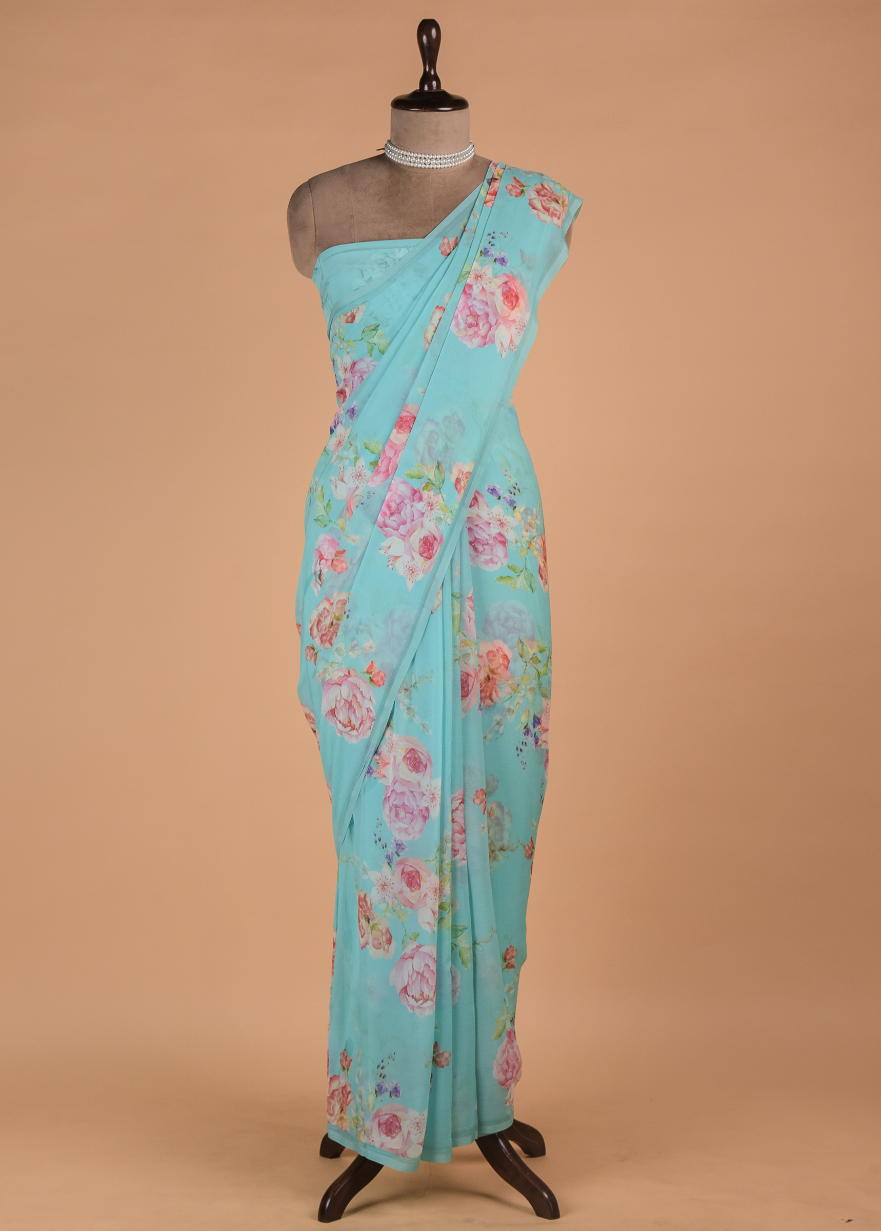 Blue Printed Chiffon Saree - Image 3 | Greenways Delhi