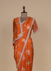 Orange Chinia Silk Embroidered Saree