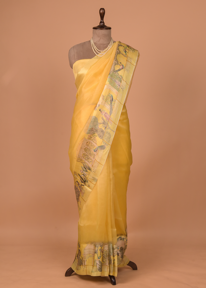 Yellow Organza Printed Saree