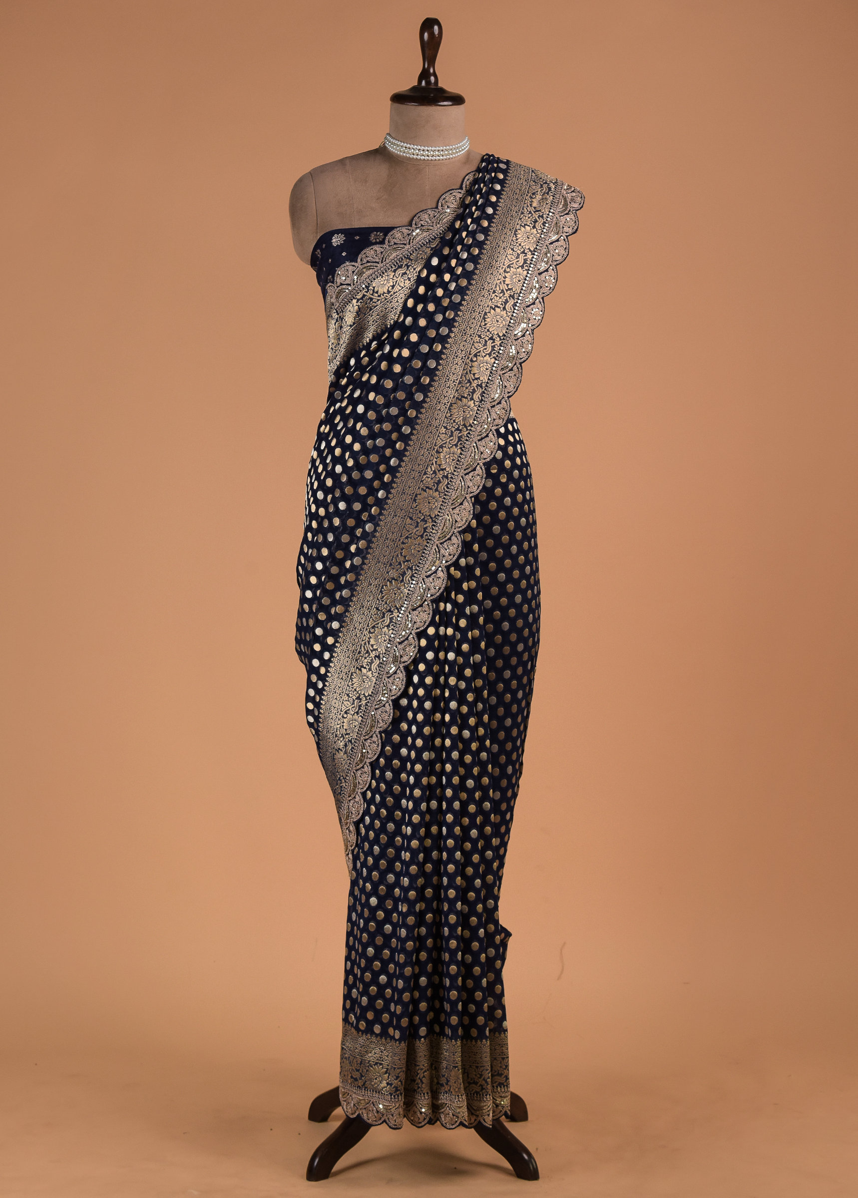 Blue Hand Embroidered Banarasi Saree - Image 3 | Greenways Delhi