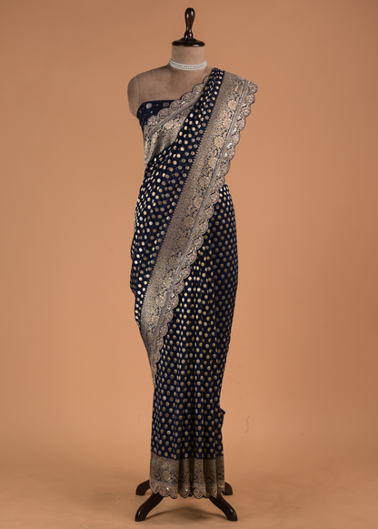 Blue Hand Embroidered Banarasi Saree - Image 3 | Greenways Delhi