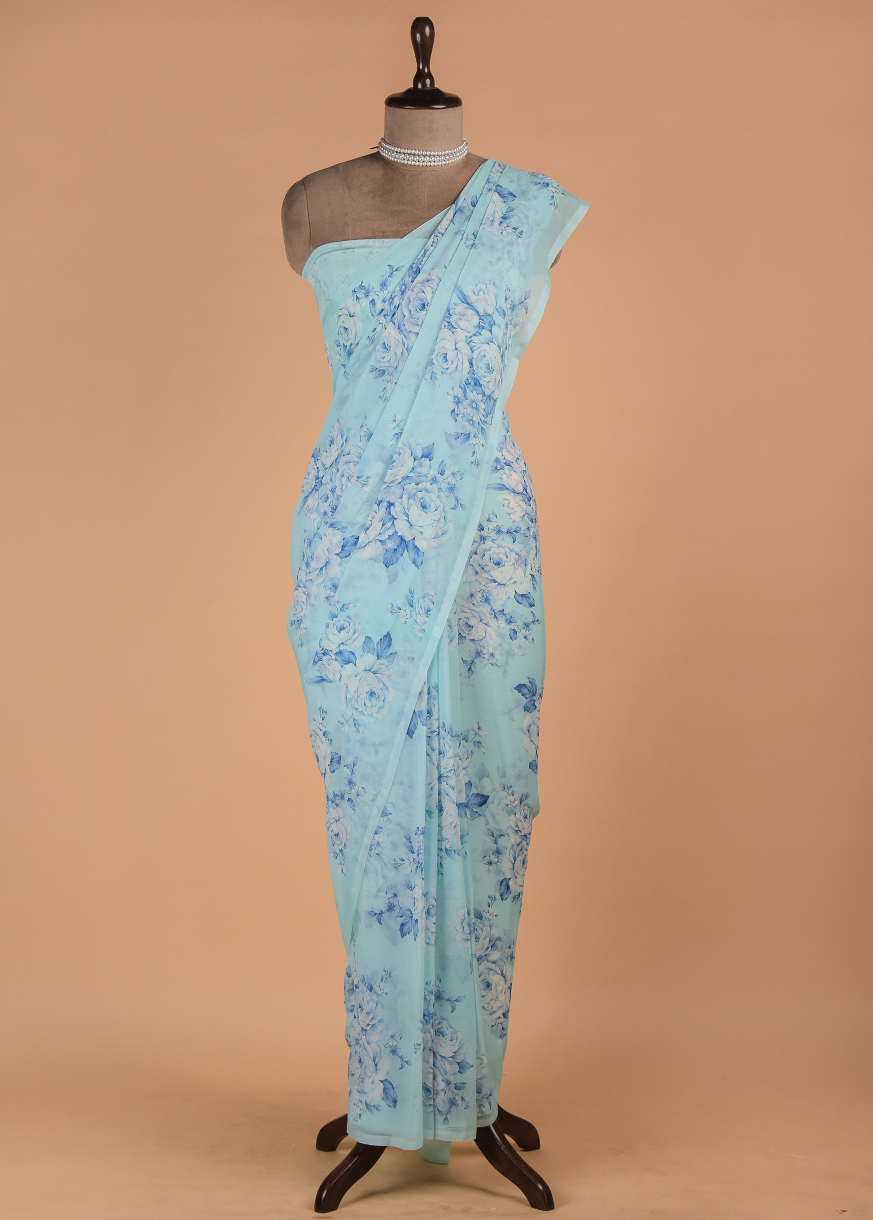 Blue Printed Chiffon Saree - Image 3 | Greenways Delhi