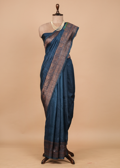 Blue Tussar Silk Printed Saree
