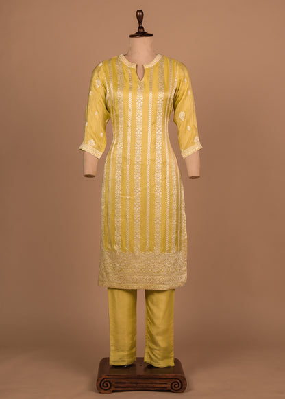 Yellow Cotton Silk Straight Set
