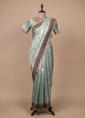 Blue Tissue Embroidered Saree