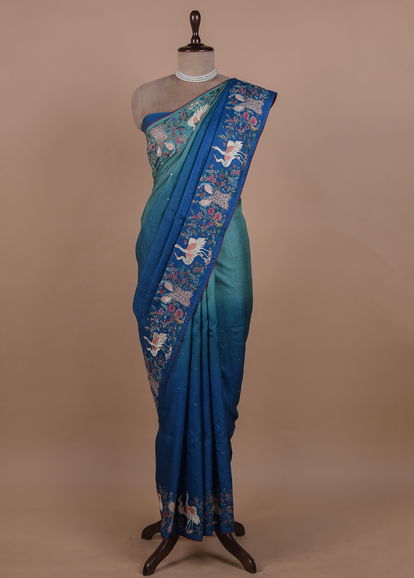 Blue Tussar Embroidered Saree