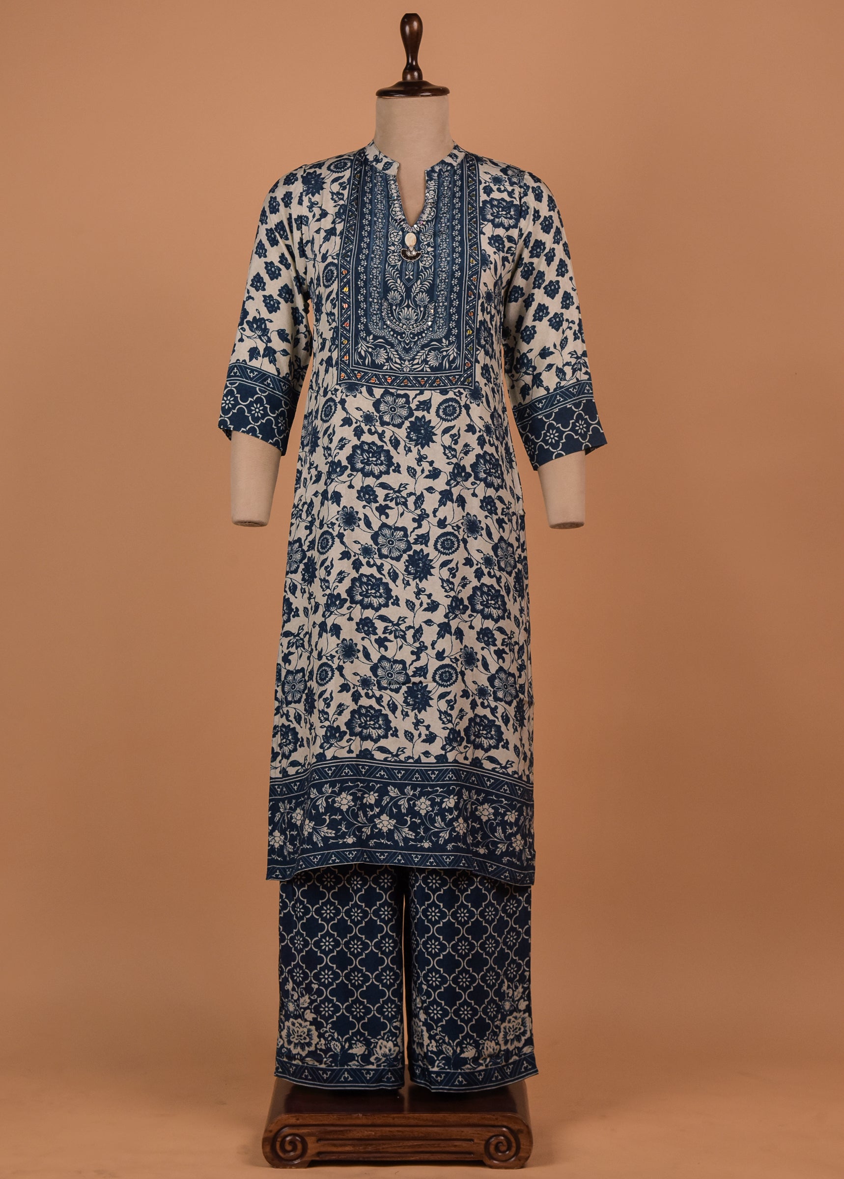 Blue Muslin Crepe Straight Set