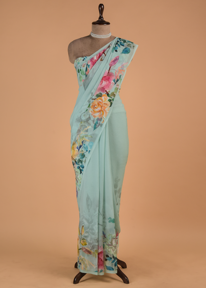 Blue Chiffon Printed Saree
