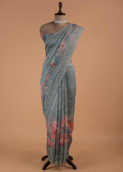 Blue Cotton Printed Saree