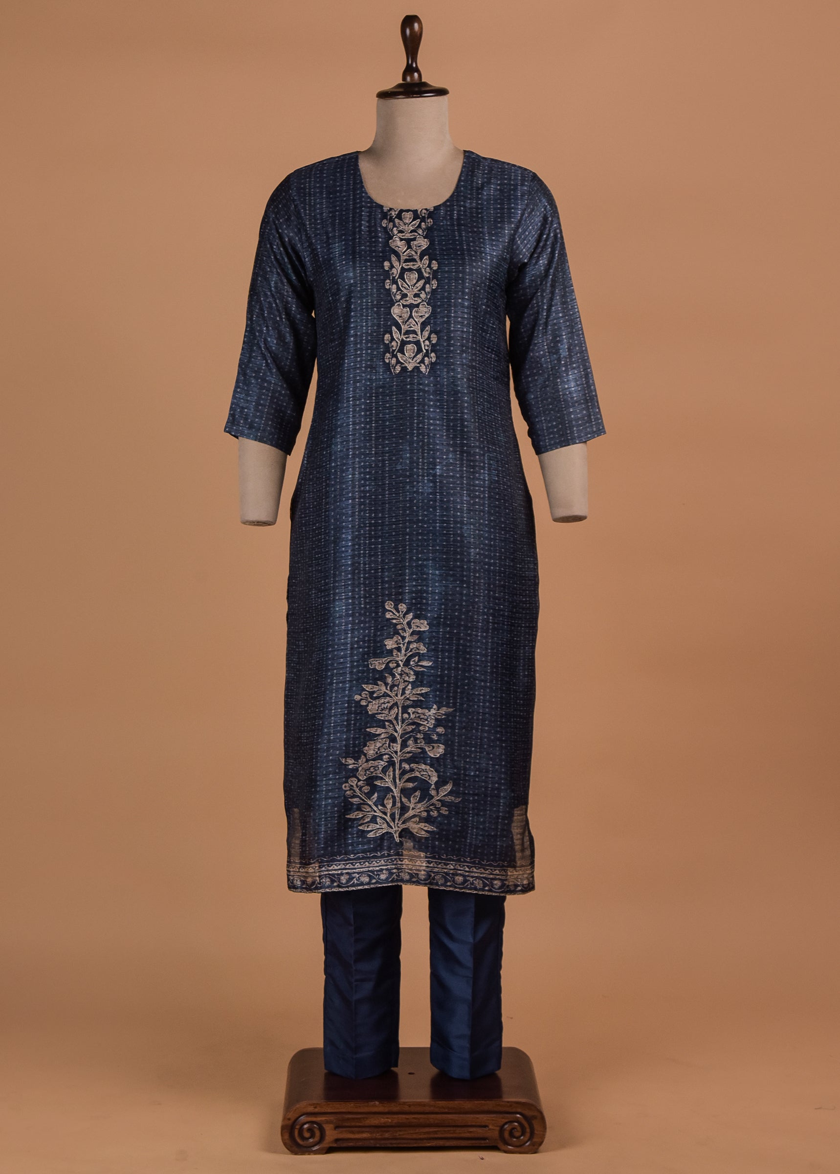 Blue Cotton Silk Straight Set