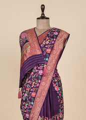 Purple Crepe Silk Embroidered Saree