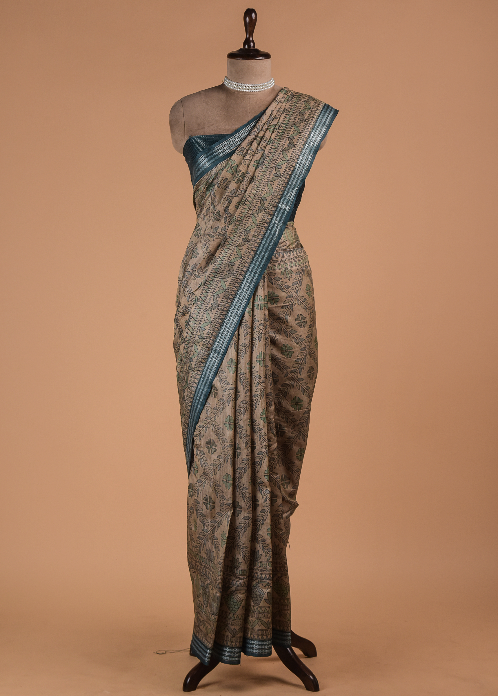 Blue Printed Tussar Silk Saree - Image 3 | Greenways Delhi