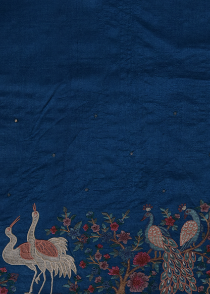 Blue Tussar Embroidered Saree