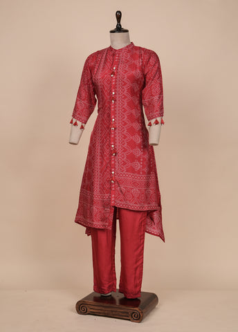 Red Muslin Crepe Kurti Set